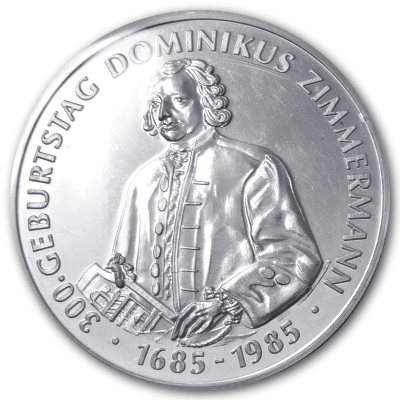 Landsberg 300 Geburtstag Dominikus Zimmermann 1685 bis 1985 und Johanniskirche Silbermedaille Rückseite
